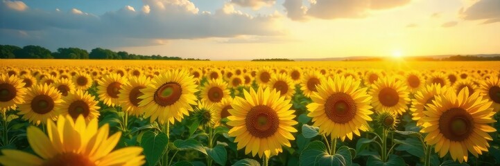 A vibrant sunflower field stretches to the horizon, representing the vast reach of the internet; sunlight streams through the blossoms, symbolizing connection and growth , innovation, clouds, future