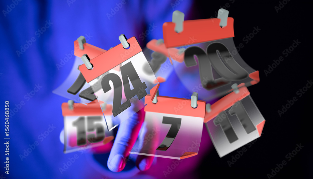 Poster stock photo of a hand holding numerous calendar dates, symbolizing 24/7 availability or scheduling.