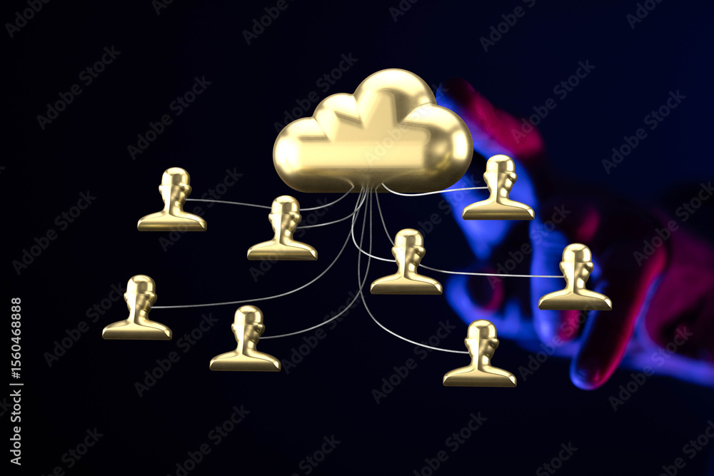 Poster illustrative image of a secure cloud network connecting multiple users. ideal for technology, busine