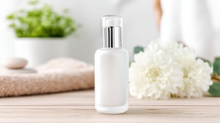 White face essence bottle on light wood background, minimalist style, attention to texture and detail, blurred beige wood surface, text or advertising space.