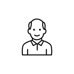 Simple line art icon of a happy, smiling, bald man.