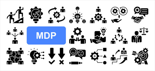 Management Development Program editable stroke icon set, with Leadership, Strategic, Change management, Talent management, Continuous improvement, Team building, Succession planning.