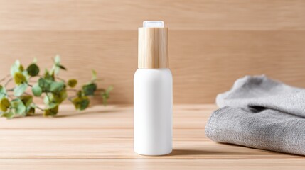 White face essence bottle on light wood background, minimalist style, attention to texture and detail, blurred beige wood surface, text or advertising space.