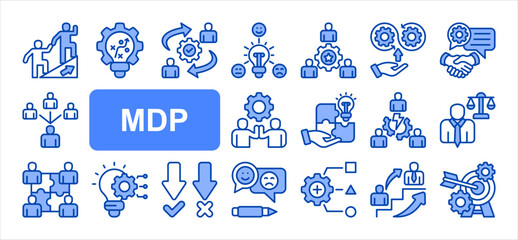 Management Development Program editable stroke icon set, with Leadership, Strategic, Change management, Talent management, Continuous improvement, Team building, Succession planning.