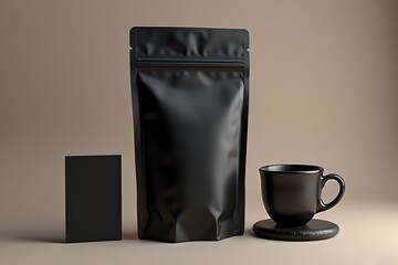 Matte Black Coffee Pouch with Cup and Card on Neutral Background for Premium Branding, Advertising and Display Mockup.