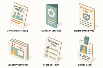 Community engagement materials with meeting, brochure, feedback, and liaison badge