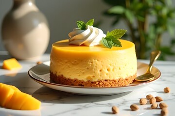 Mango Mousse Cake with Whipped Cream and Mint Leaves on Plate on Marble Table