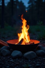 Mesmerizing Campfire Glow A Bright Fire Pit Illuminates a Nighttime Scene with Dark Stones