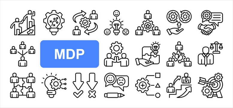 Management Development Program editable stroke icon set, with Leadership, Strategic, Change management, Talent management, Continuous improvement, Team building, Succession planning.