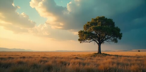 Solitary Tree on Vast Plain Resilience and Isolation Under Dramatic Sky