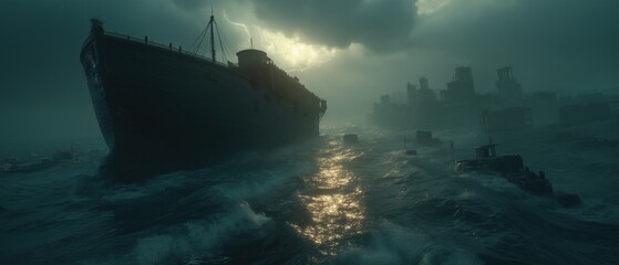 Fototapeta premium Noah's Ark in Cataclysmic Ocean Storm, Tilting Wooden Ship on Massive Waves, Lightning Torrential Rain, Sinking Ancient Ruins, Panicking Animals Boarding Ramp, Moody Desaturated Cinematic Shot