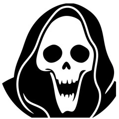 Grim Reaper skull illustration in black and white, design element