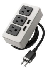 A portable outlet block with a retractable cable, convenient for temporary setups in studio apartments.