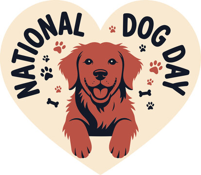 Heart-shaped national dog day sticker with smiling dog illustration for puppy love theme or pet gift merch  