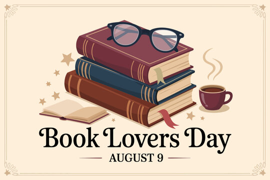 Book lovers day badge design with stacked books and coffee cup illustration for august 9 reading awareness  
