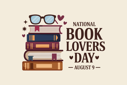 Stack of books with glasses heart and date august 9 for national book lovers day badge or reading campaign   - Powered by Adobe
