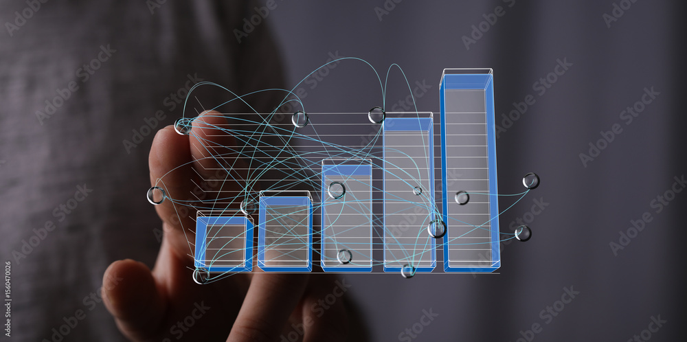 Poster stock photo of a hand interacting with a 3d bar chart, showing data visualization and business growt