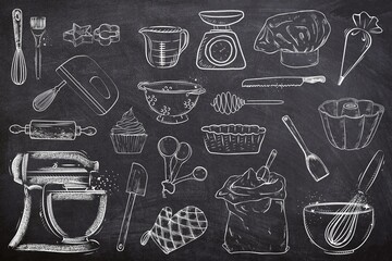 Kitchen set seamless set on white background. Sketch of restaurant and coffee shop elements on white board. Line art of baking tools