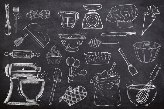 Kitchen set seamless set on white background. Sketch of restaurant and coffee shop elements on white board. Line art of baking tools