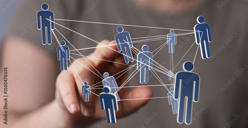 Poster Image of a hand interacting with a digital network of interconnected people, symbolizing global collaboration and communication.
