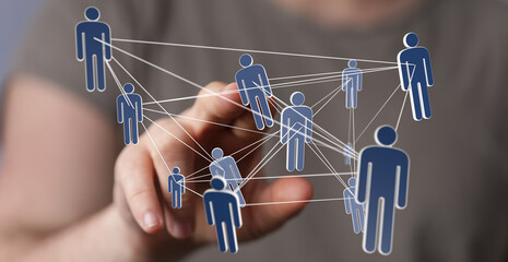 Image of a hand interacting with a digital network of interconnected people, symbolizing global...