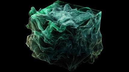 Fototapeta premium Abstract green and teal smoke-like form contained within a transparent cube against a black background.