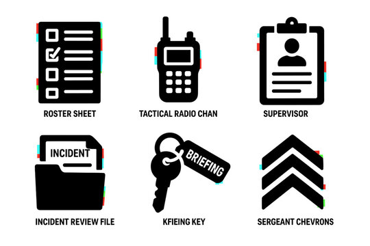 Police equipment icons: roster sheet, radio, supervisor, incident file, briefing key, chevrons