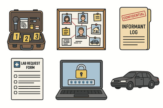 Detective investigation tools with evidence briefcase and icons