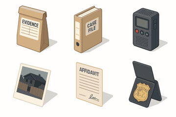 Law enforcement items: evidence bag, case file, recorder, photo, affidavit, badge
