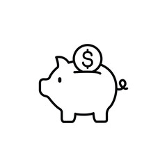 Line art illustration of a piggy bank with a coin on top.