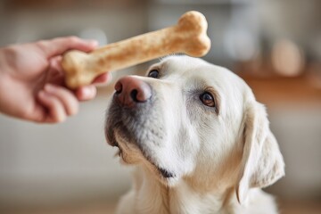 Dog sitting patiently while owner holds bone above head 