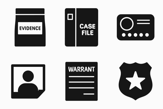 Police symbols: evidence, case file, radio, mugshot, warrant, badge icons