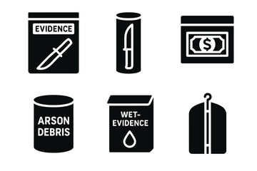 Crime scene evidence icons: knife, cash, arson debris, wet evidence