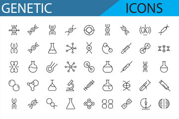 Set of biology-themed icons representing genetics, including gene strands, chromosomes, and lab equipment for research.