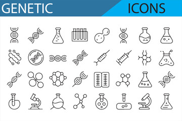 Vector icons showcasing the essentials of genetic science, featuring DNA, chromosomes, test tubes, and microscopes.