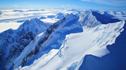 Naklejka premium Aerial View of Antarctic Mountain Range: A Glacial Wonderland
