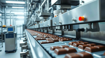 Obraz premium Industri chocolate factory with conveyor belts of chocolate bars. 