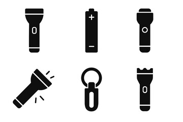 Flashlight icons set - battery, torch, keychain flashlight symbols