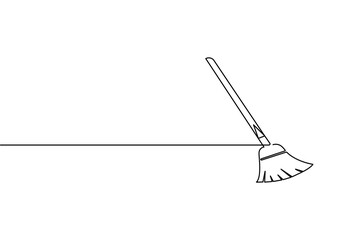 Continuous line drawing of broom cleaner tool minimalist home cleaning equipment outline vector