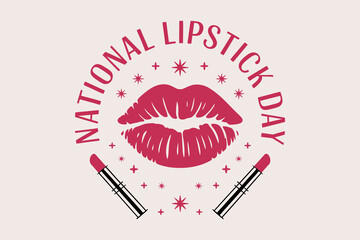 National lipstick day girl theme badge with red kiss lips and pink background for fashion beauty print  