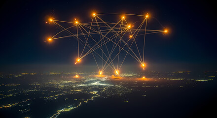 High-altitude drone POV: Night sky above central Israel. Complex, criss-crossing trails of Iron Dome Tamir interceptors weave a glowing net, each converging path ending in a rapid series of orange 