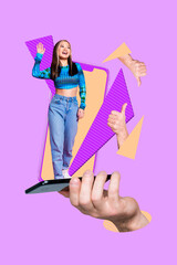 Vertical pop trend collage of happy girl guy stand phone peek hand thumb up like reaction social...