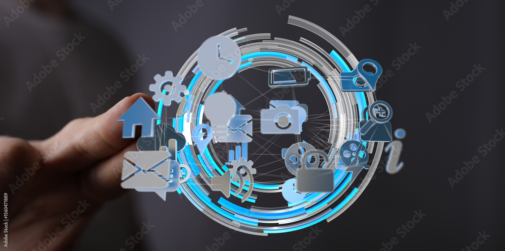 Aufkleber Abstract image of interconnected digital icons representing global network, technology, and communication.