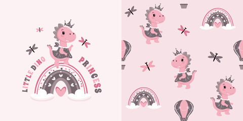 Children's cute seamless pattern featuring a funny dinosaur girl on a rainbow. Vector design for children's bedding, fabrics, wallpapers, wrapping paper, and more. © Alyona 