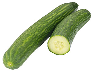 Close-up of two isolated green cucumbers, one cucumber cut open, on transparent png background