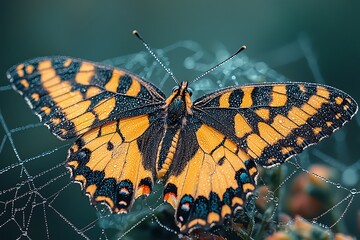 Dewkissed butterfly unfolds on delicate web