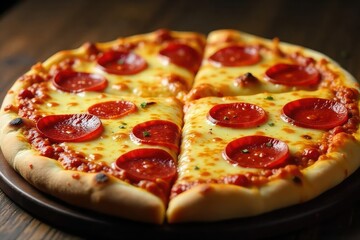 Delicious Homemade Pepperoni Pizza, Freshly Baked & Ready to Enjoy. Melted Cheese Stretches Invitingly Over Spicy Pepperoni, Perfect for Casual Meals or Gatherings.