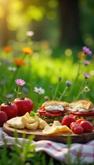 Delightful Spring Picnic Sun-Dappled Food Amidst Wildflowers and Lush Greenery
