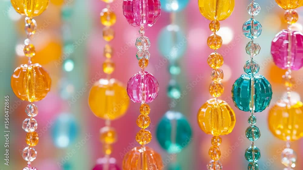 Poster bright and colorful decorative beaded curtain shimmering with an abstract bokeh background
