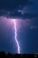 Dramatic Lightning Bolt Striking Dark Stormy Sky, Intense Flash Illuminating Clouds, Powerful Nature Photography
